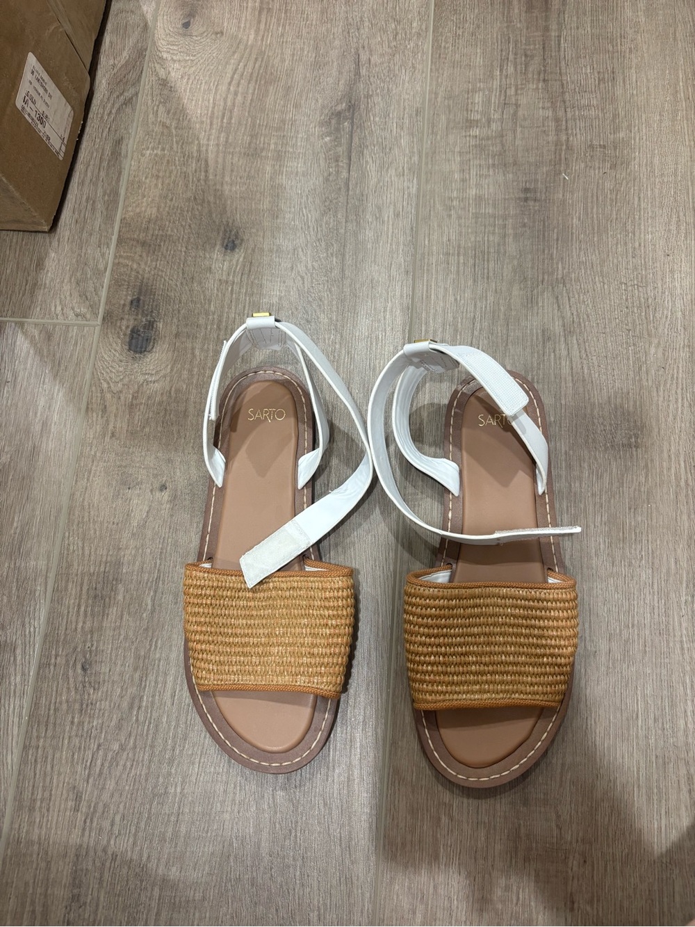 SARTO By Franco Sarto White Ankle-Strap Sandals with Tan Woven Band